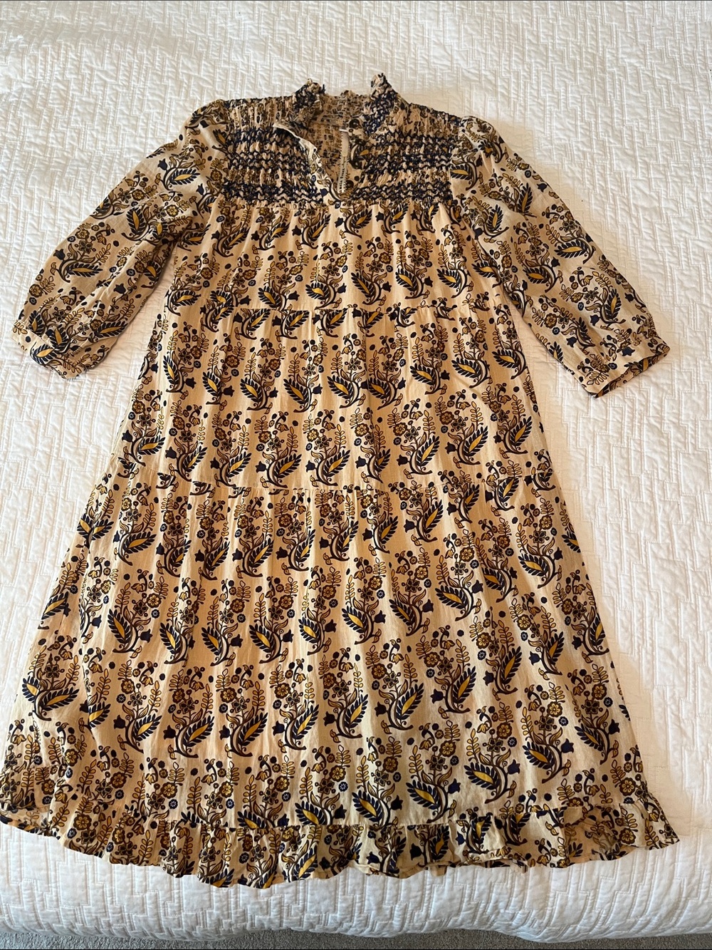 Uncle Frank Beige Floral Smocked Midi Dress